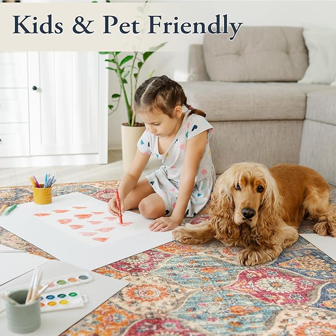 Lahome Moroccan Trellis Washable Area Rugs 5x7, 5x7 Area Rugs for Living Room Bedroom, Indoor Non-Slip Large Oriental Accent Throw Carpet for Kitchen Entryway Bathroom Office, Cream/Multi