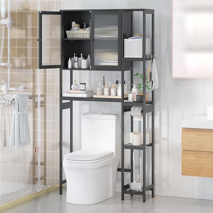 Over The Toilet Storage Cabinet Above Toilet Bathroom Organizer with Toilet Paper Holder Stand Bath Organizer with Adjustable Shelves & Acrylic Doors,Anti-Tip Device (Black, 3 Tiers with Cabinet)