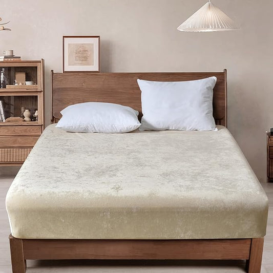 PHF Truly Velvet Fitted Sheet Only Queen Size, Luxury Super Soft Cozy Fuzzy Fleece Bottom Sheet, Deep Pocket Up to 16",Strenghth Elastic Band, Suitable for Fall Winter Spring, No Pillowcases, Sand
