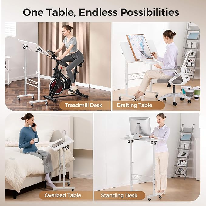 COMHOMA Small Standing Desk Adjustable Height & Tiltable Tabletop, Mobile Stand Up Desk for Laptop, Portable Computer Table for Home Office Work and Walking Pad Treadmill, Height 30.7"-46.4", White