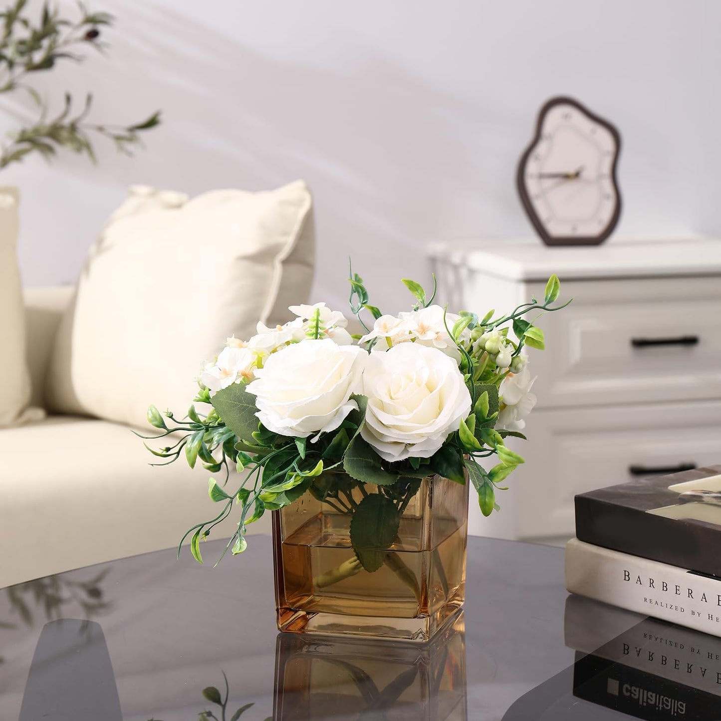 Square Glass Vases Set of 4, 5" x 5" x 5" Amber Flower Vases for Centerpieces, Square Vase for Flowers, Small Vase for Wedding, Party, Home Office Decoration