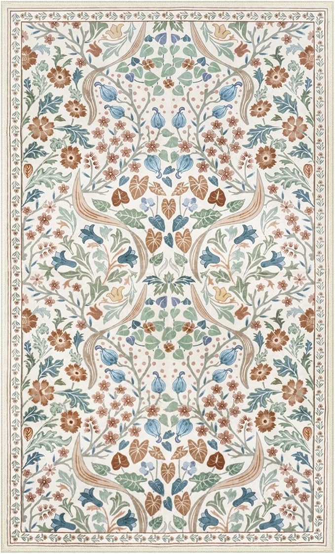 Lahome Floral 3x5 Beige Nursery Rug, Non-Slip Washable Area Rugs for Dorm Bedside Entryway, Botanical Soft Boho Carpet for Kids Room, Entrance Indoor