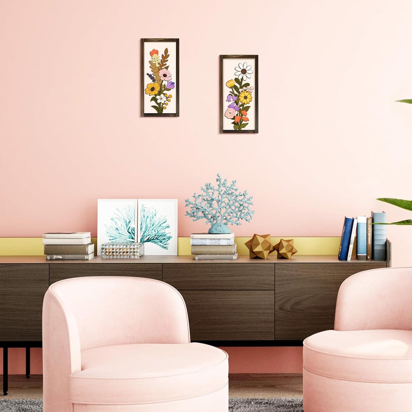 Kas Home 3D Floral Wall Art, 2 Set Rustic Wood Boho Flower with Vase Framed Wall Decor for Bathroom Living Room Bedroom Office Housewarming Gift, Ready To Hang Plaque Sculptures (White-A, 6L" x 12W", Framed)