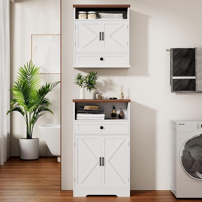 White Floor Cabinet, Farmhouse Storage Cabinet with Barn Doors and Drawer, Freestanding Adjustable Shelf Cabinets for Bathroom, Kitchen, Living Room