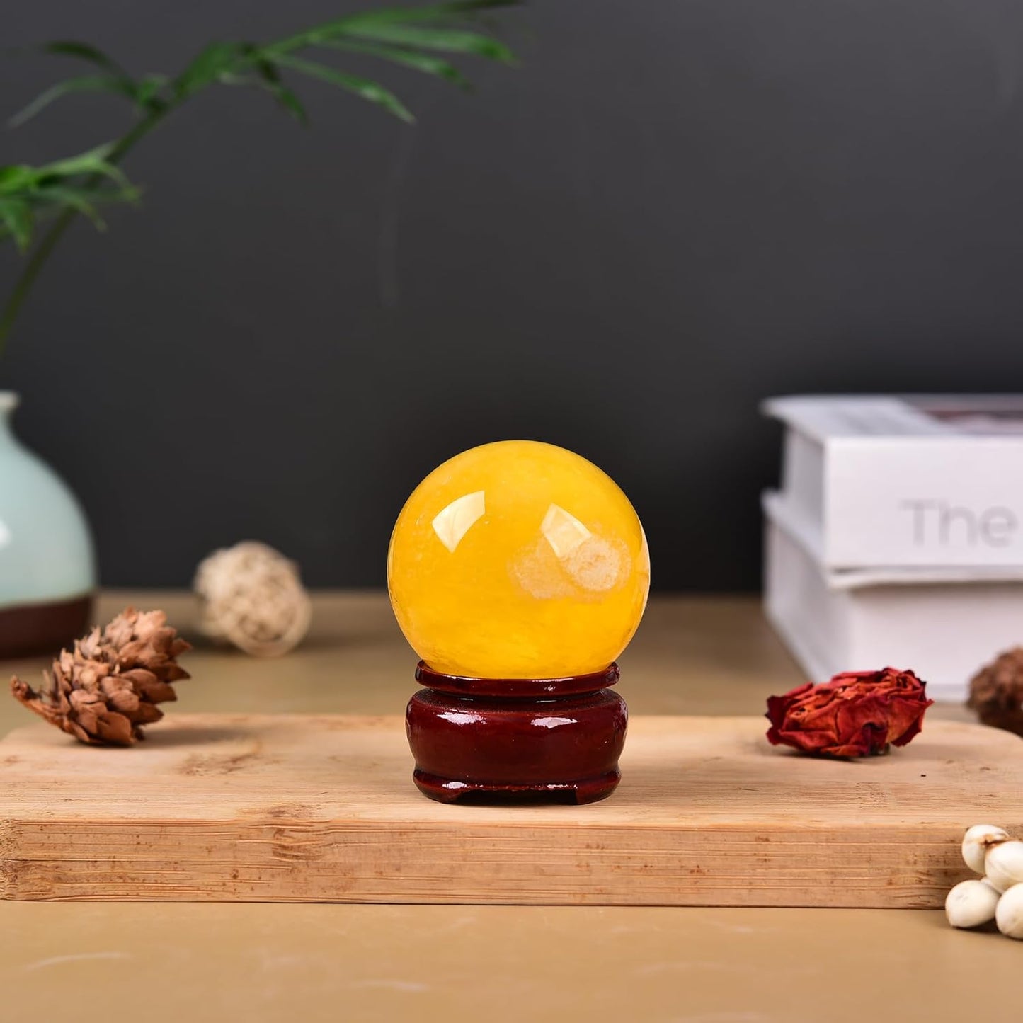 JIC Gem Yellow Fluorite Crystal Ball with Wooden Stand Yellow Healing Crystal Sphere Ball for Feng Shui Decor Spiritual Gifts 60-70mm