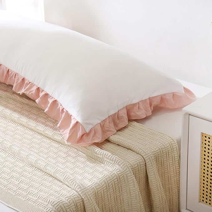 Merryword Pink Body Pillow Cover 20x54inches White and Pink Reversible Long Pillowcase Ruffled Body Pillowcases Cute Pillowcase Pillow Sham (1 Body, White Pink)