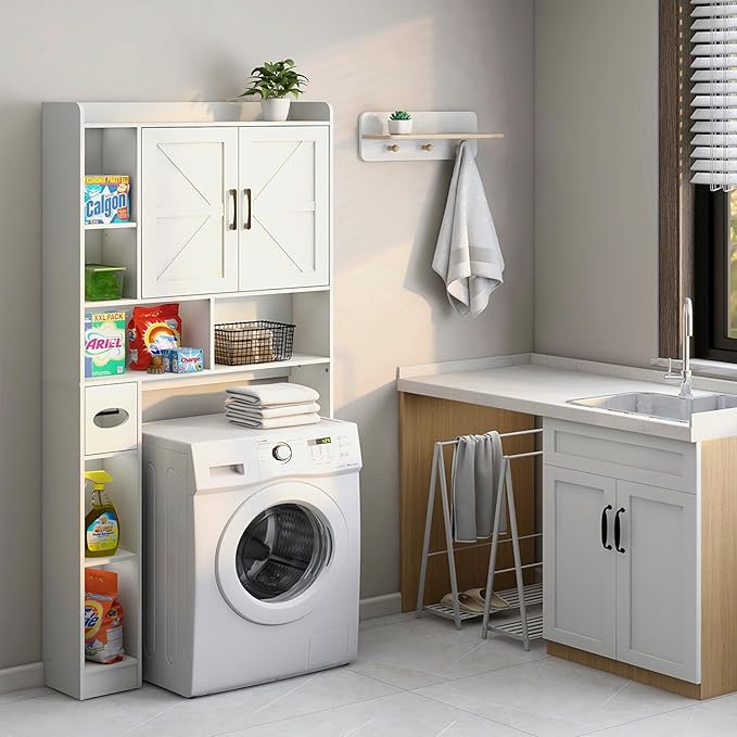 Over The Toilet Storage Cabinet, Farmhouse Storage Cabinet Over Toilet with 2 Barn Door & Toilet Paper Holder Stand, Home Space-Saving Rack, for Bathroom, Restroom (White).