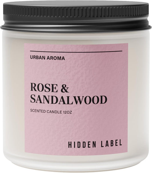 Hidden Label Rose & Sandalwood Scented Candle, 12oz 2 Wick Natural Soy Non Toxic Candles, Clean Burning Long Lasting Aromatherapy for Home | Gifts | Décor,Premium Scents for Relaxation & Stress Relief