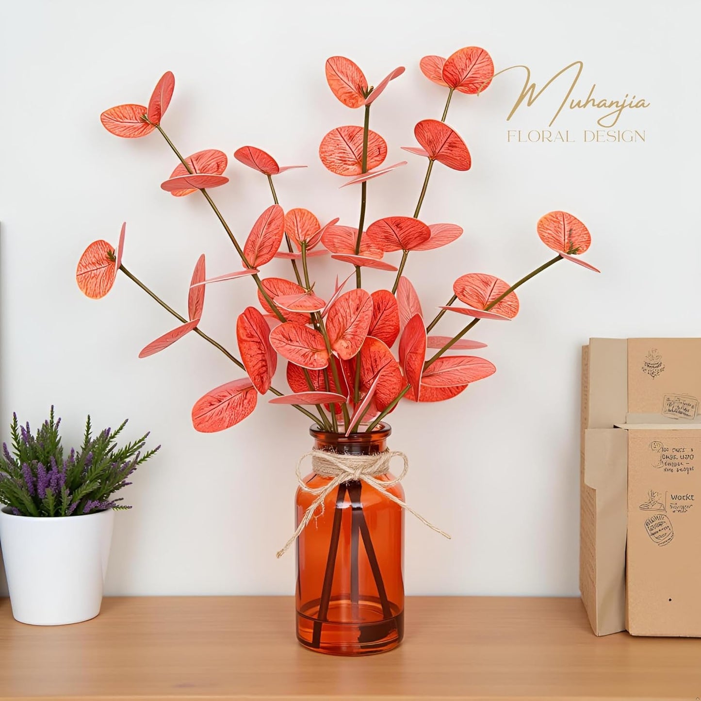 Artificial Eucalyptus Stems in Amber Glass Vase with Faux Water,3Pcs Fake Plant with Double-Sided Orange Leaves for Centerpiece (Double-Sided Orange Eucalyptus)