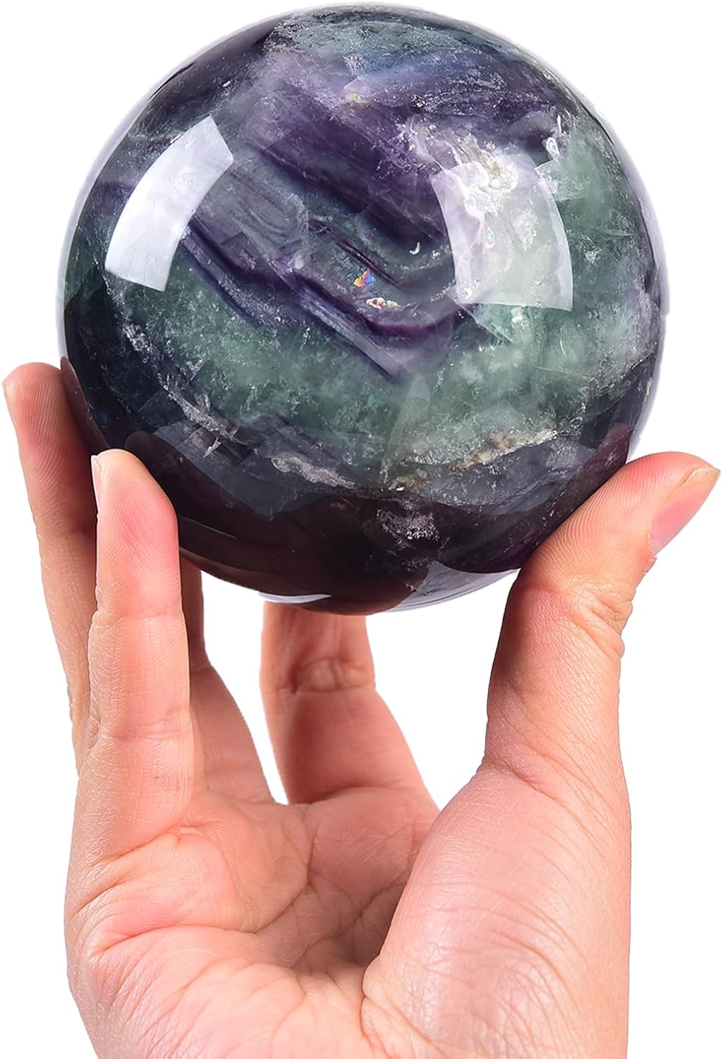 JIC Gem Large Colorful Fluorite Crystal Sphere Ball with Wooden Stand Fluorite Healing Decorative Ball 100-110mm