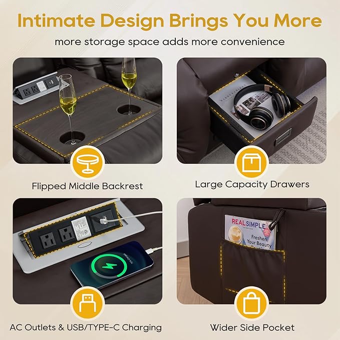 IPKIG 89" Power Reclining Loveseat Sofa, Electric Home Theater Seating with Console/4 Colors Ambient Lighting/Bluetooth Speakers/USB Ports/Built-in Outlets (Brown, 3-Seater with Console)