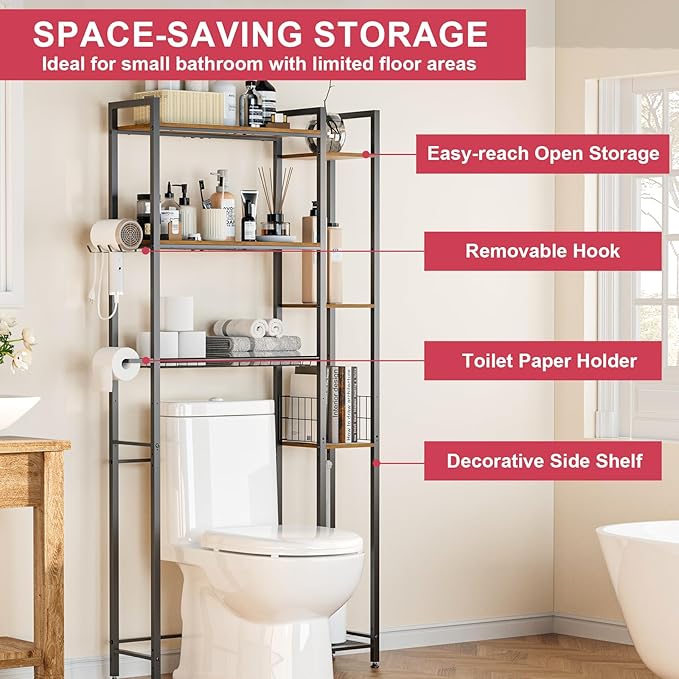 Over Toilet Bathroom Organizer, Solid Wood Over Toilet Storage Shelves with Toilet Paper Holder, Hooks, Side Rack, Sturdy Metal Standing Shelf for Laundry, Balcony, 9.45" D x 31.5" W x 66" H