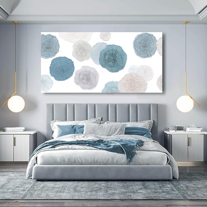 VAYIMDH Canvas Art Light Blue Pictures Wall Decor Grey and Blue Abstract Floral Wall Art Minimalist Poster for Living Room 29"x 58" Office Aesthetic