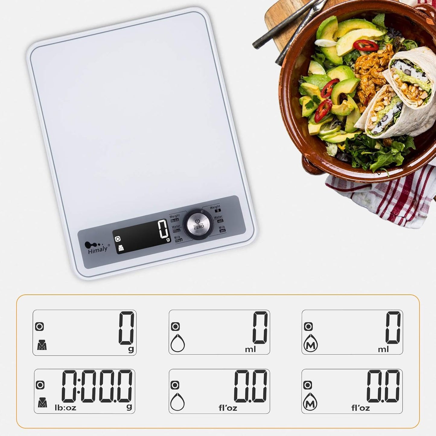 Digital Food Scale, Kitchen Scale for Cooking, Baking, and Weight Loss, 1g/0.03oz Precise Graduation, Tempered Glass （White）