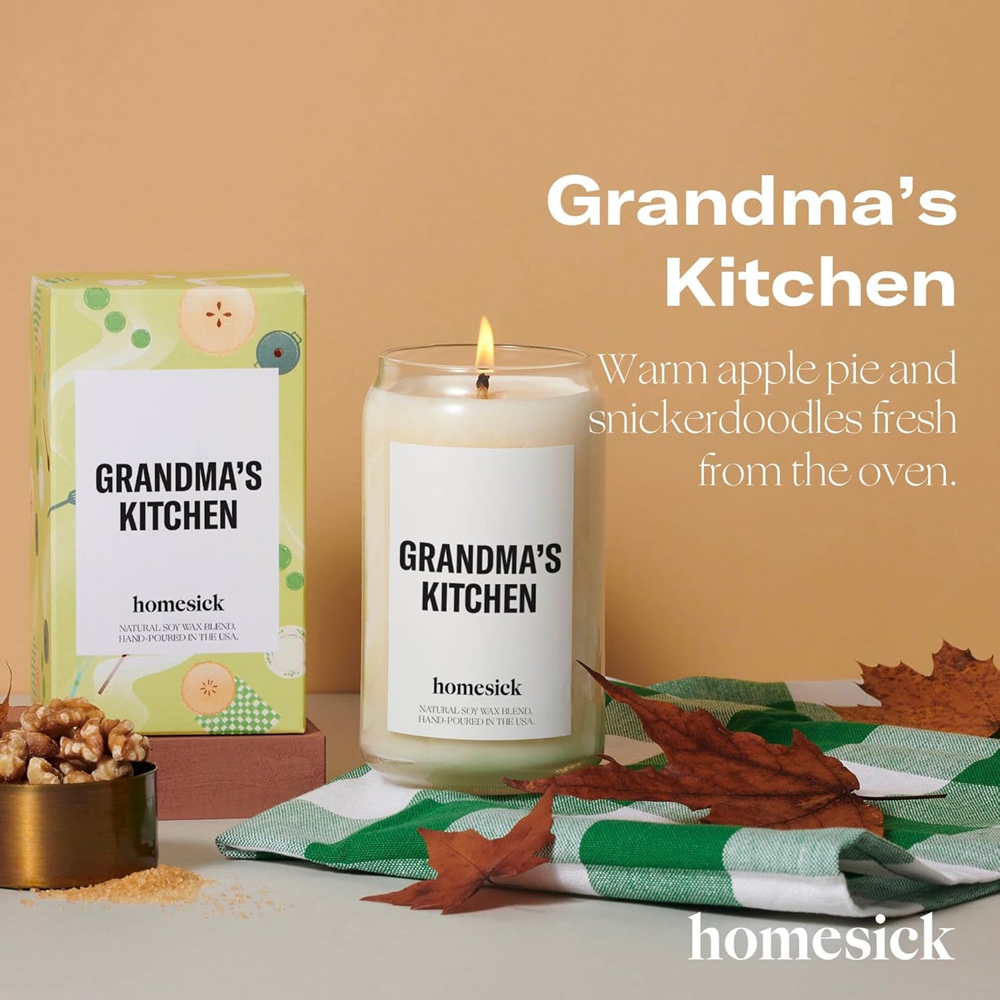 Homesick Scented Candles for Home (Grandma's Kitchen) - 13.75 oz Long-Lasting Natural Soy Wax Blend Jar Candle Gifts for Women & Men, 60-80 Hours Burn Time - Notes of Butter, Apple & Cream