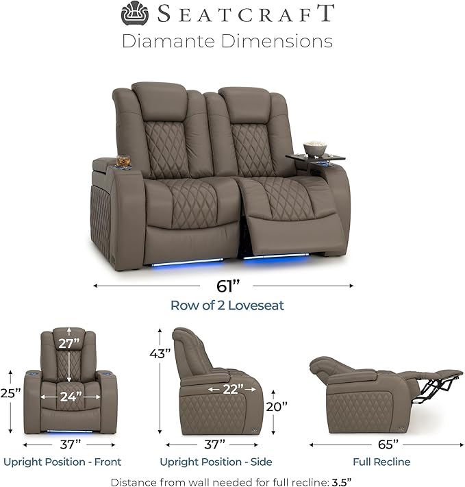 Seatcraft Diamante Zero-Gravity CoolZero Italian Leather Home Theater Seating, Power Headrest, Power Recline, Row of 2 Loveseat, Gray