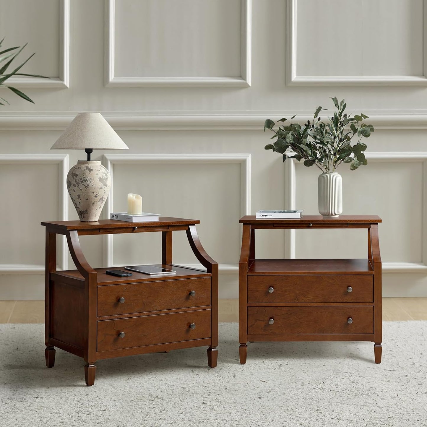 HULALA HOME Wood Nightstands Set of 2 with Charging Station, 2-Drawer Dresser with Wooden Legs, Mid-Century Modern Bedside Furniture, French-Style End Table for Bedroom, Walnut