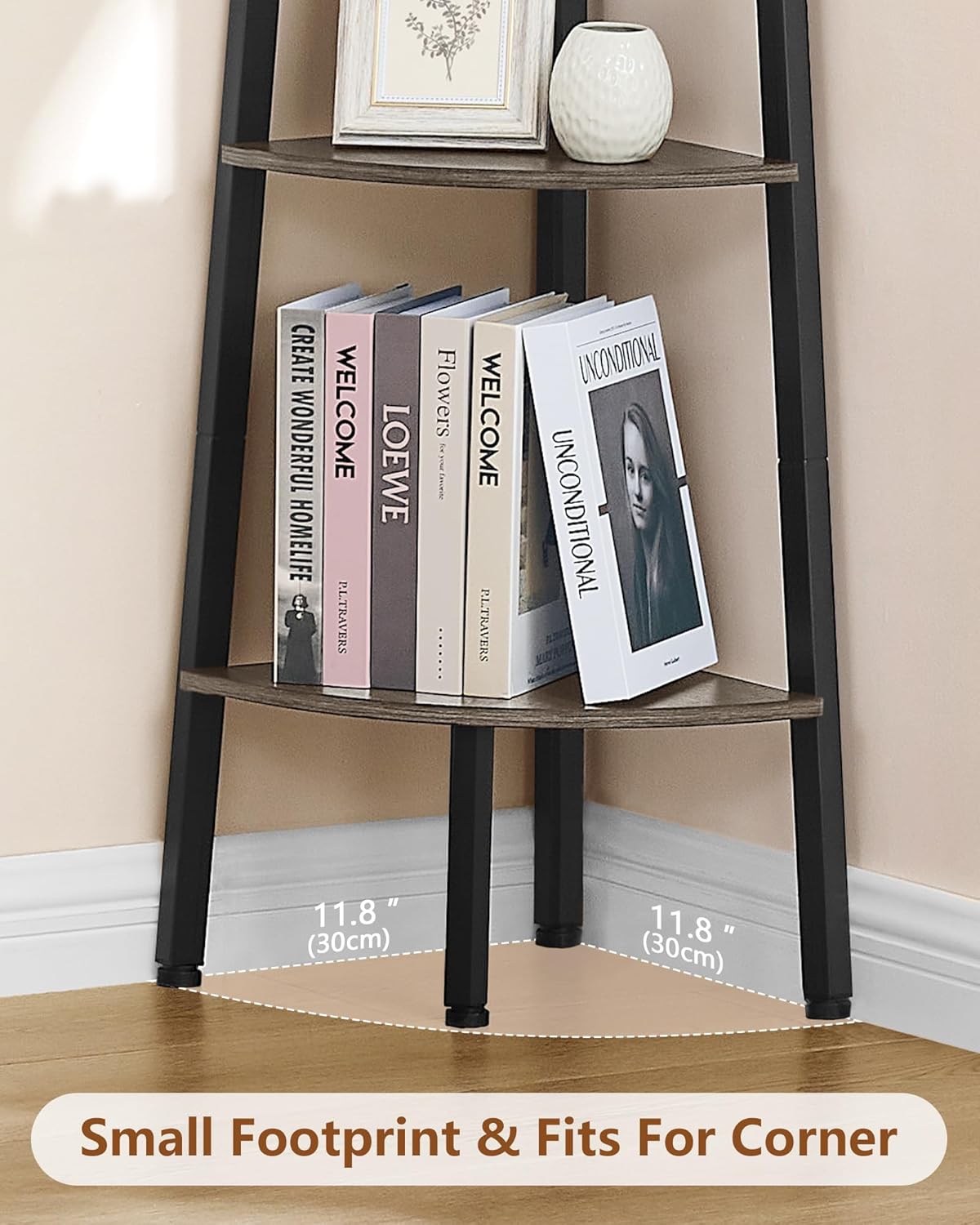 Hoctieon Corner Shelf, 4-Tier Corner Bookshelf, Rustic Ladder Shelf, Industrial Display Stand for Living Room, Kitchen, Home Office, Balcony, Small Space, Metal Frame, Grey