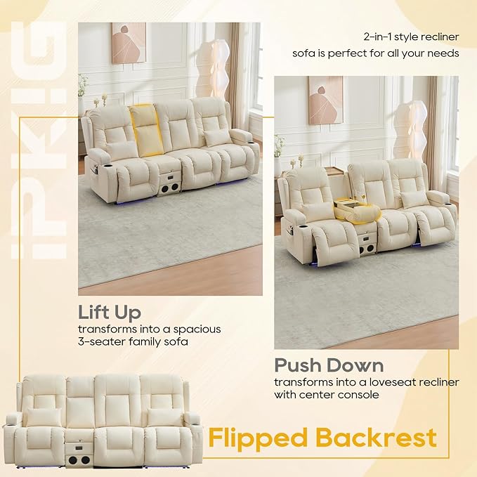 IPKIG 89" Power Reclining Loveseat Sofa, Electric Home Theater Seating with Console/4 Colors Ambient Lighting/Bluetooth Speakers/USB Ports/Built-in Outlets (Off-White, 3-Seater with Console)