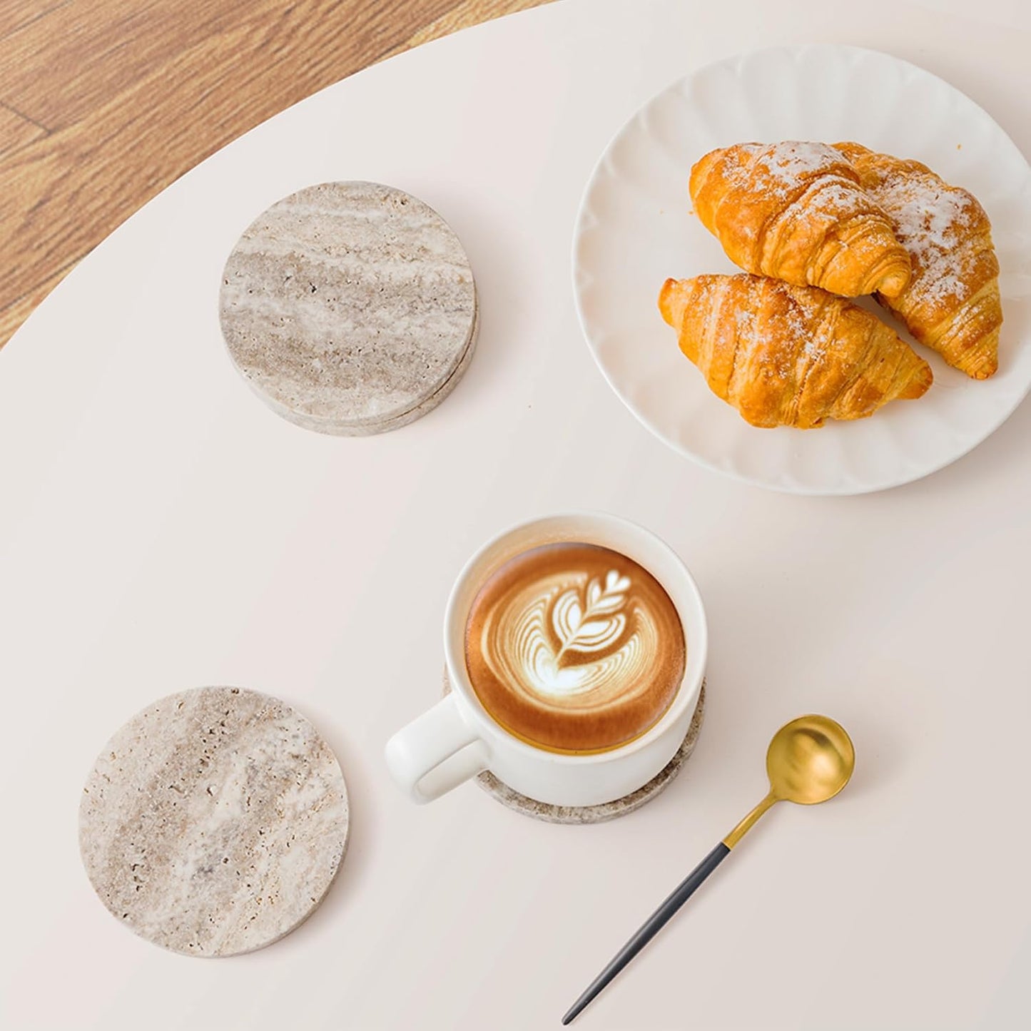 WORHE Marble Coaster for Drinks 4" Diameter Set of 4 Round Travertine Coasters for Home Decor Office Parties Birthday Housewarming Gift, Protect Countertops from Dirty,Sturdy and Tough Gray (WH056)