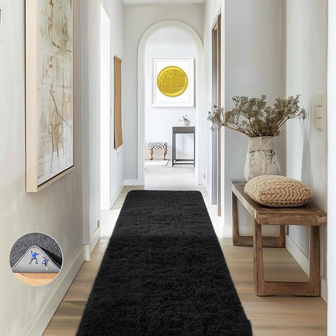 Ophanie Runner Rug for Hallway, 2x6 Bedroom Black Runner Rugs, Non Slip Fluffy Soft Shaggy Bedside Carpet for Kids Girls Boys Home Decor Aesthetic, Dorm Nursery