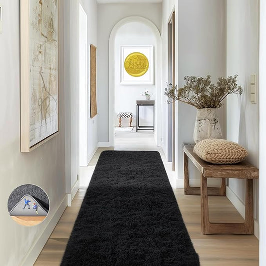 Ophanie Runner Rug for Hallway, 2x6 Bedroom Black Runner Rugs, Non Slip Fluffy Soft Shaggy Bedside Carpet for Kids Girls Boys Home Decor Aesthetic, Dorm Nursery