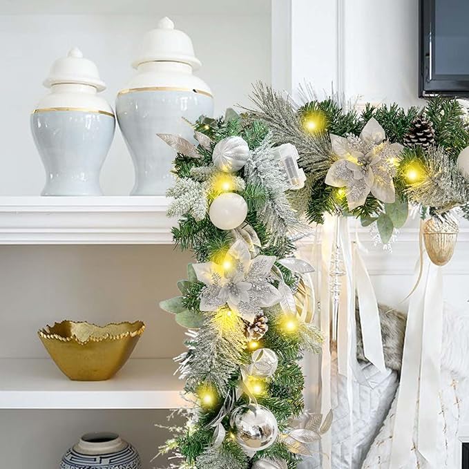 WANNA-CUL Pre-Lit 6 ft/ 72 Inch Christmas Garland with Lights for Front Door Decor with Silver White Christmas Ball Ornaments and Poinsettia Flowers,Battery Operated 30 LED Lights