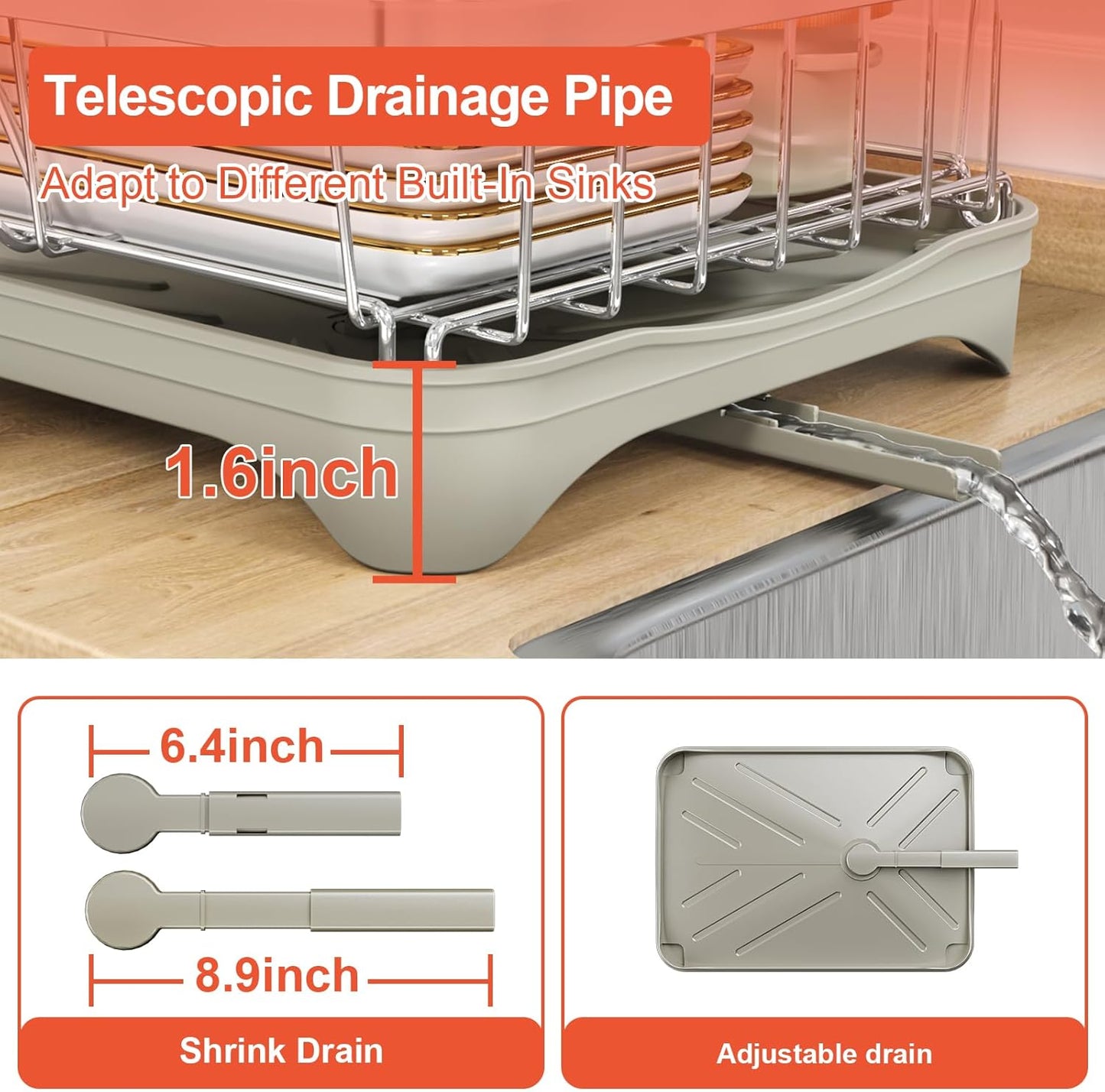 2-Tier Dish Drying Rack for Kitchen Counter, 304 Stainless Steel Dish Rack with Adjustable Drainboard, Removable Utensil Holder & Water Tray, Grey