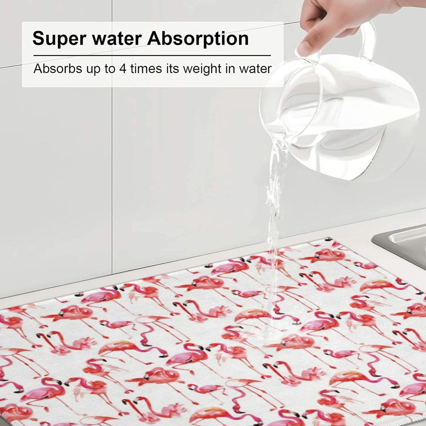 Cute Pink Flamingo Dish Drying Mat For Kitchen Counter, Super Absorbent Microfiber Dish Drying Pad, Kitchen Gadgets For Easy Clean Multi-Use Large 18"x24"