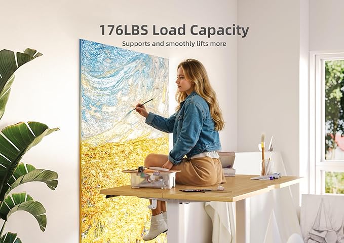 Claiks Bamboo Electric Standing Desk, Adjustable Height Stand up Desk, 40x24 Inches Sit Stand Home Office Desk with Splice Board, White Frame/BambooTop