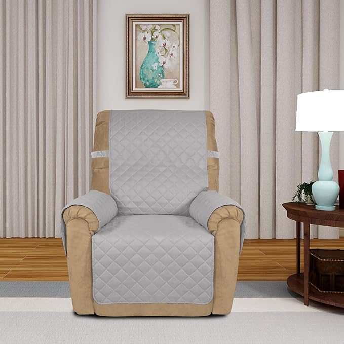 PureFit Reversible Quilted Sofa Cover, Water Resistant Slipcover Furniture Protector, Washable Couch Cover with Non Slip and Elastic Straps for Kids, Dogs (Small Recliner, Light Gray/Light Gray)