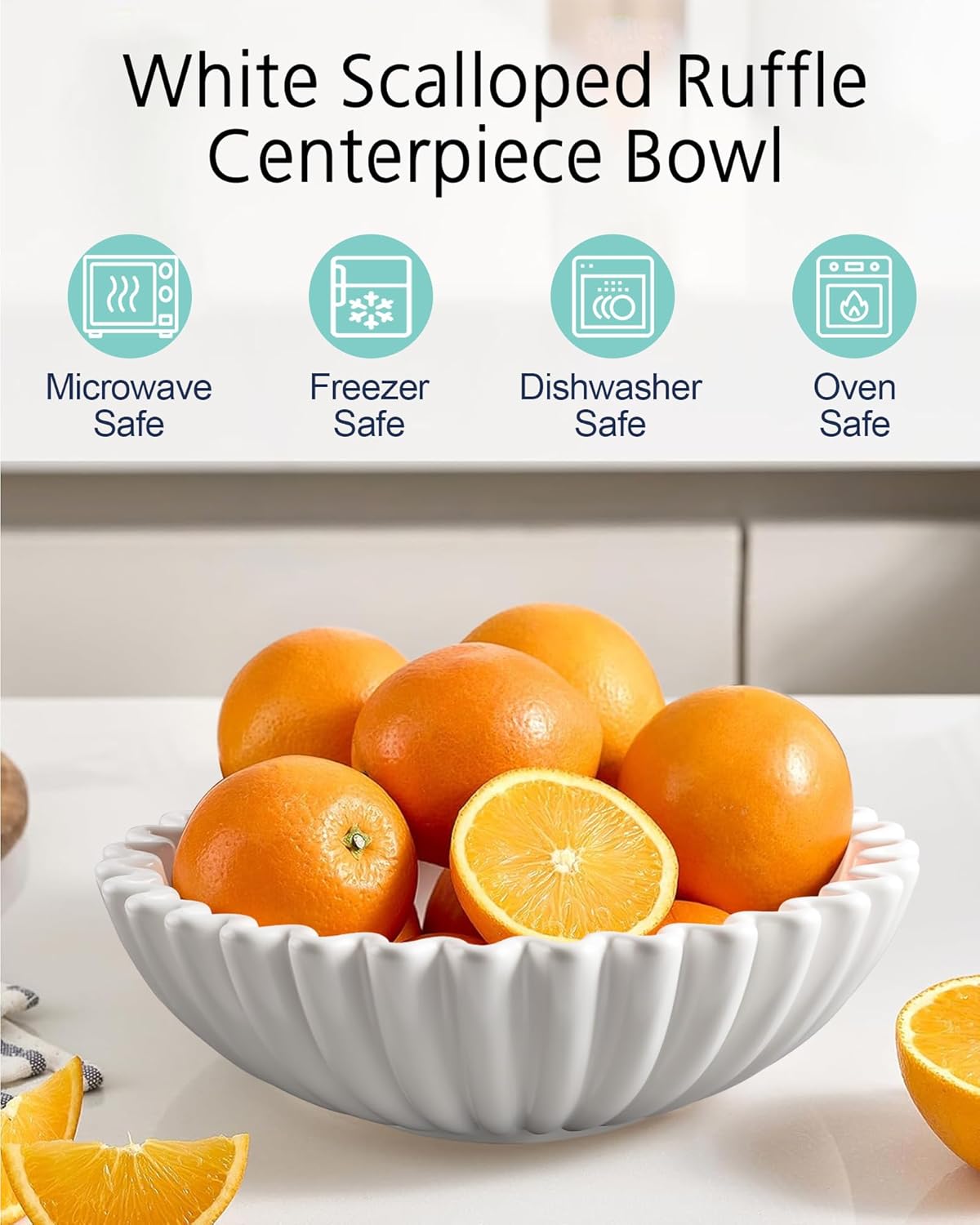 KULEDM Ceramic Decorative Bowl Home Decor - 10in White Scalloped Ruffle Fruit Bowl for Kitchen Counter, Dishwasher & Microwave Safe