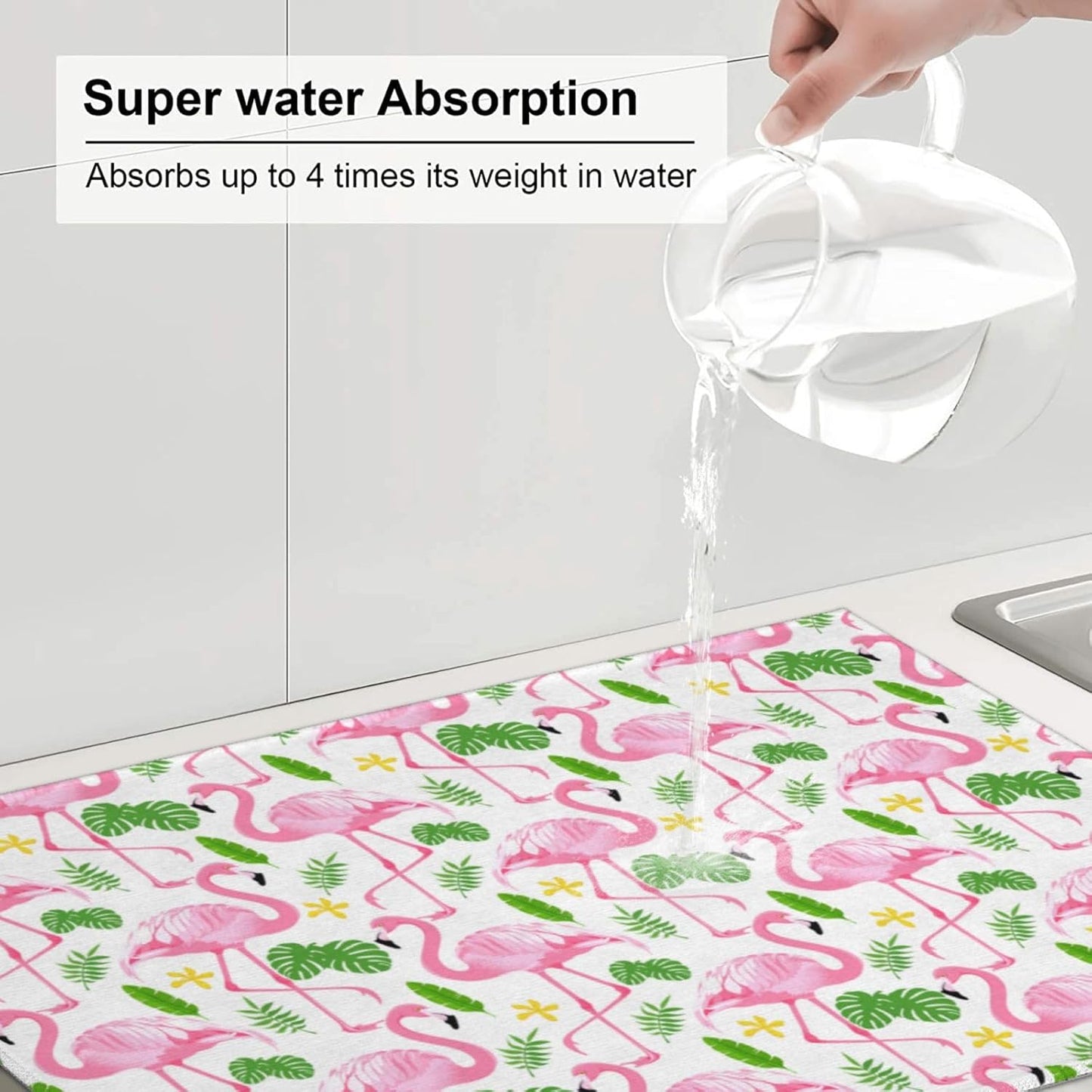 Pink Flamingo Leaf Dish Drying Mat 18x24 For Kitchen Counter Absorbent Microfiber Dishes Pad Dish Drainer Rack Mats Fast Dry Kitchen Accessories