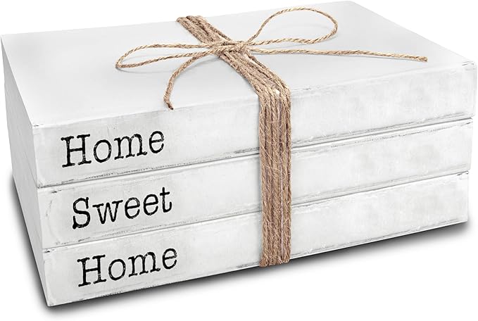 TenXVI Designs Home Sweet Home Sign Decorative Books - Set of 3 White Rustic Blank Books with Real Pages for Coffee Table Decor, Entryway Table Home Decor, Blank Books