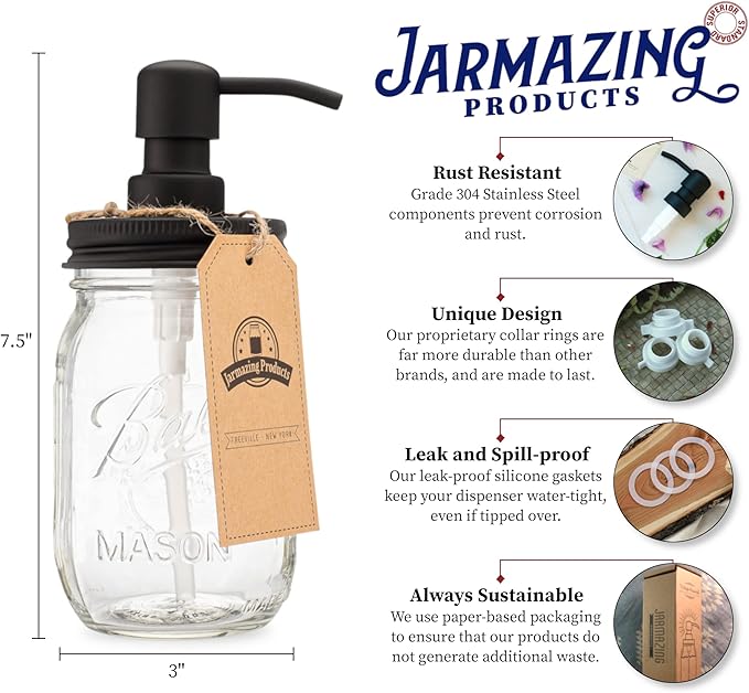 Jarmazing Products Mason Jar Soap Dispenser - Black - with 16 Ounce Ball Mason Jar - Made from Rust Proof Stainless Steel - Two Pack