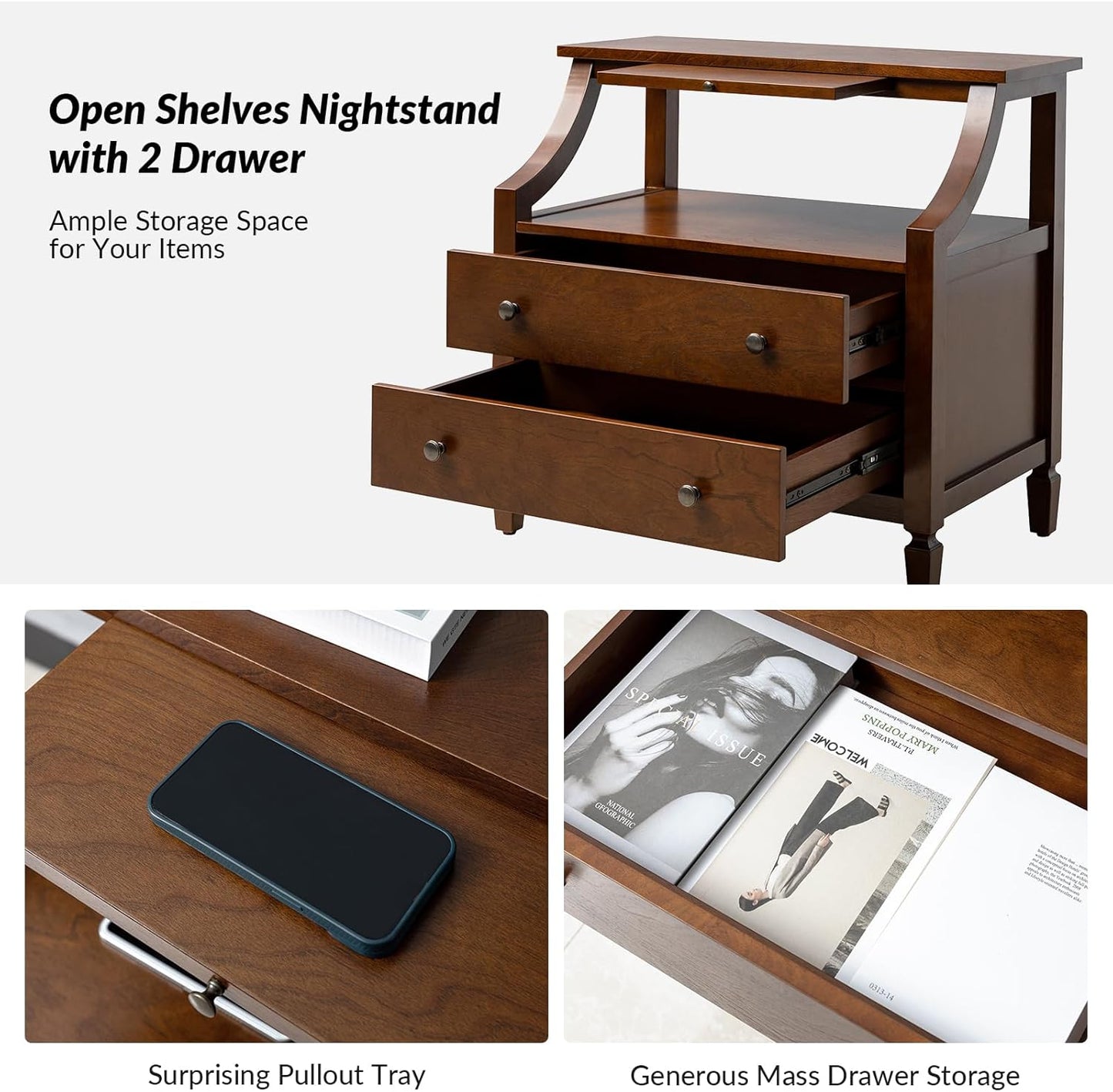 HULALA HOME Wood Nightstands Set of 2 with Charging Station, 2-Drawer Dresser with Wooden Legs, Mid-Century Modern Bedside Furniture, French-Style End Table for Bedroom, Walnut