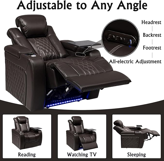 Home Theater Seating, Living Room, Powered Headrest, Powered Lumbar, Italian Leather, Powered Recline, Single Recliner (Coffee Color, Row of 1)