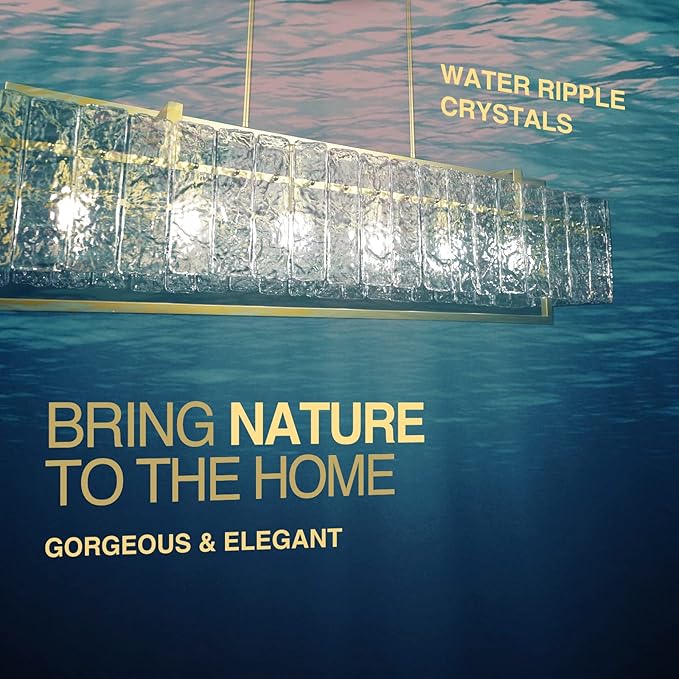 IKK Modern Rectangle Gold Crystal Chandeliers for Dining Room, 42" Large Rectangular Water Ripple Glass Island Light Fixture, Elegant Linear Lighting for Kitchen Island, Living Room, L42 x W11 x H12