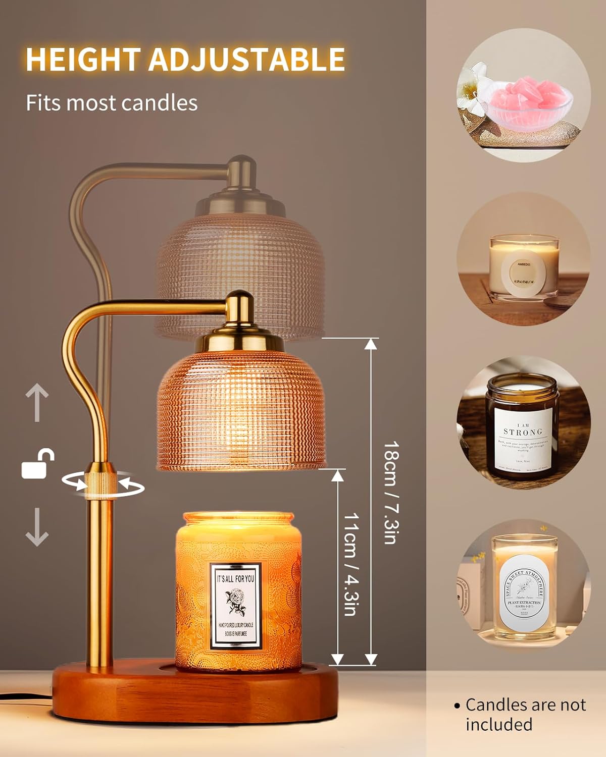 Candle Warmer Lamp Electric Candle Warmer with Timer Dimmable Candle Lamp Warmer with 3 Bulbs Height Adjustable Wax Melt Warmer for Bedroom Home Decor, Amber Gold