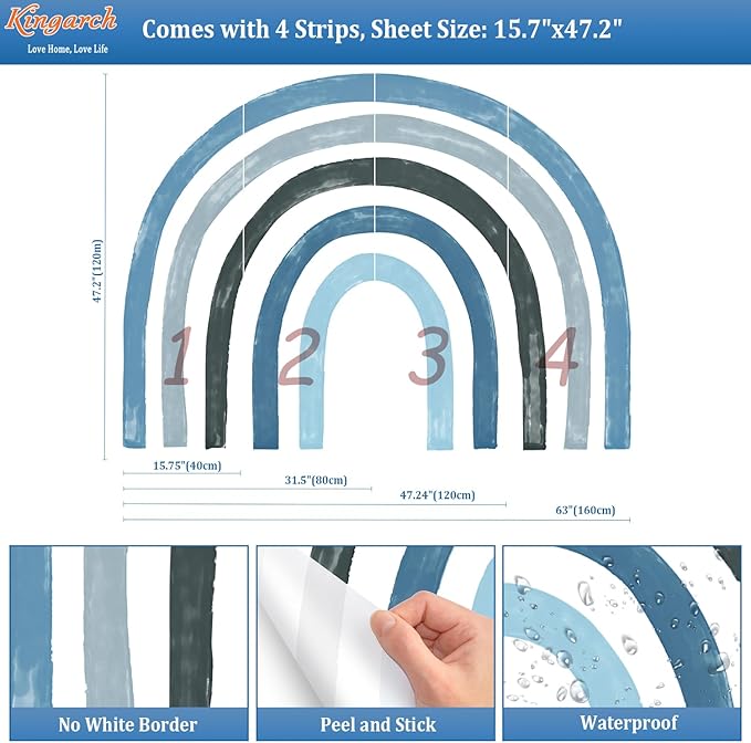 Large Boho Rainbow Wall Decals, Colorful Peel and Stick Fabric Nursery Wall Decor, Removable Home Room Wall Decor Murals Stickers for Kids Girls Toddler Bedroom Living Room Playroom