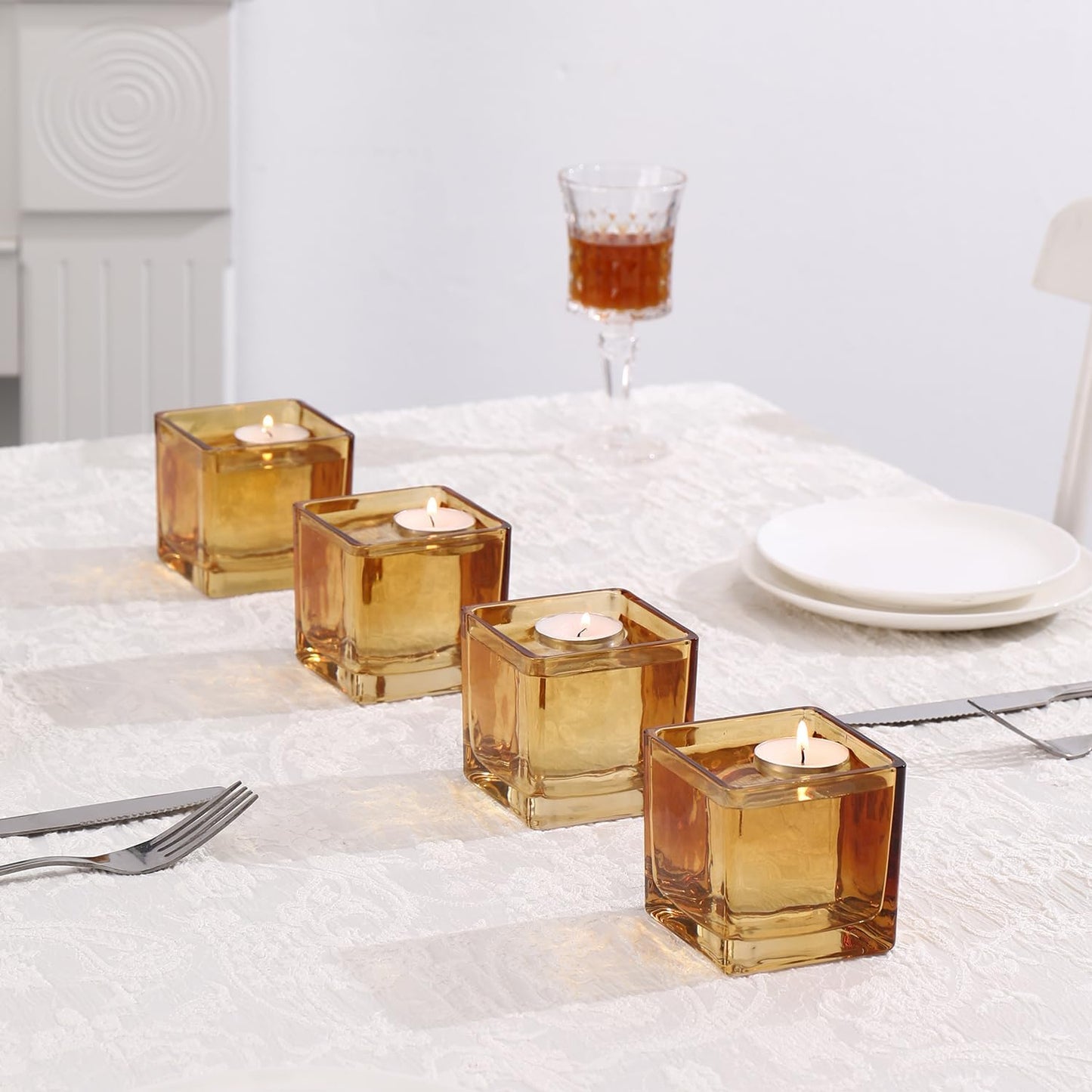 Square Flower Vases Set of 4, 3"x 3"x 3" Glass Vases for Centerpieces, Amber Vase for Flowers, Small Vase for Wedding, Party, Home Office Decoration