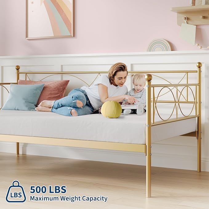 IDEALHOUSE Twin daybed with Trundle, Metal Twin Daybed and Trundle Set, Day Bed Sofa Bed Frame with Steel Slat Support, Multifunctional Daybed Frame for Bedroom (Gold Daybed)