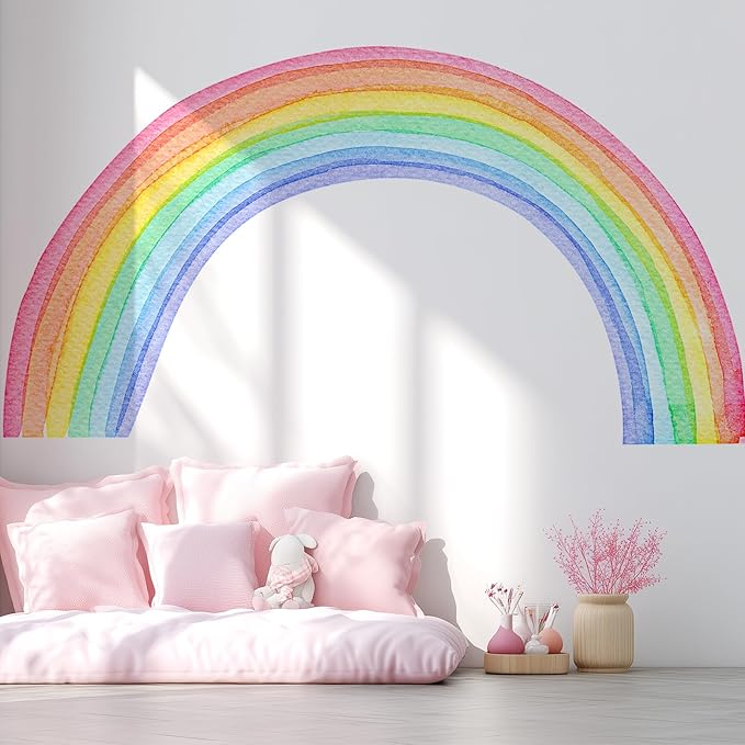 Large Watercolor Rainbow Wall Decals, Colorful Peel and Stick Vinyl Nursery Wall Decor, Removable Home Room Wall Decor Murals Stickers for Kids Girls Toddler Bedroom Living Room Playroom