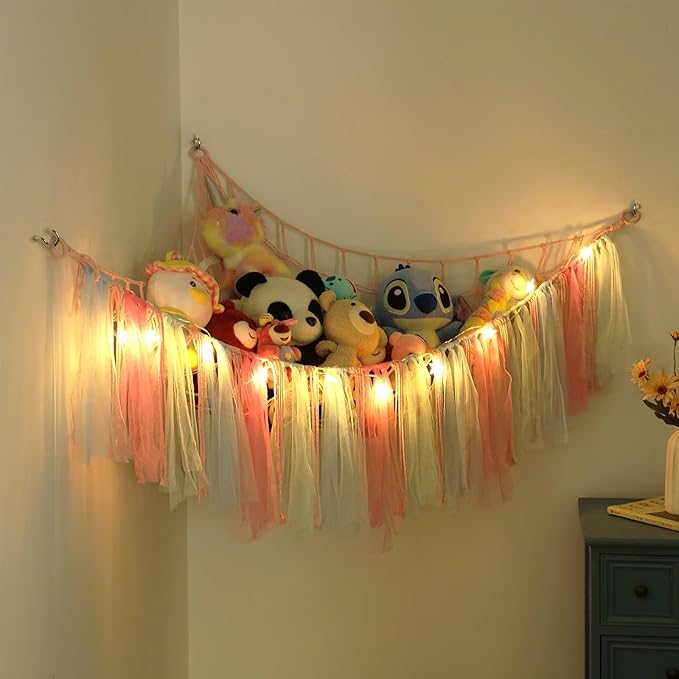 Stuffed Animal Toys Hammock with LED Light, Stuffed Doll Hanging Corner Holder for Home Storage, Large Hanging Net -Display Teddies for Bedroom, Pink Decor Organizer