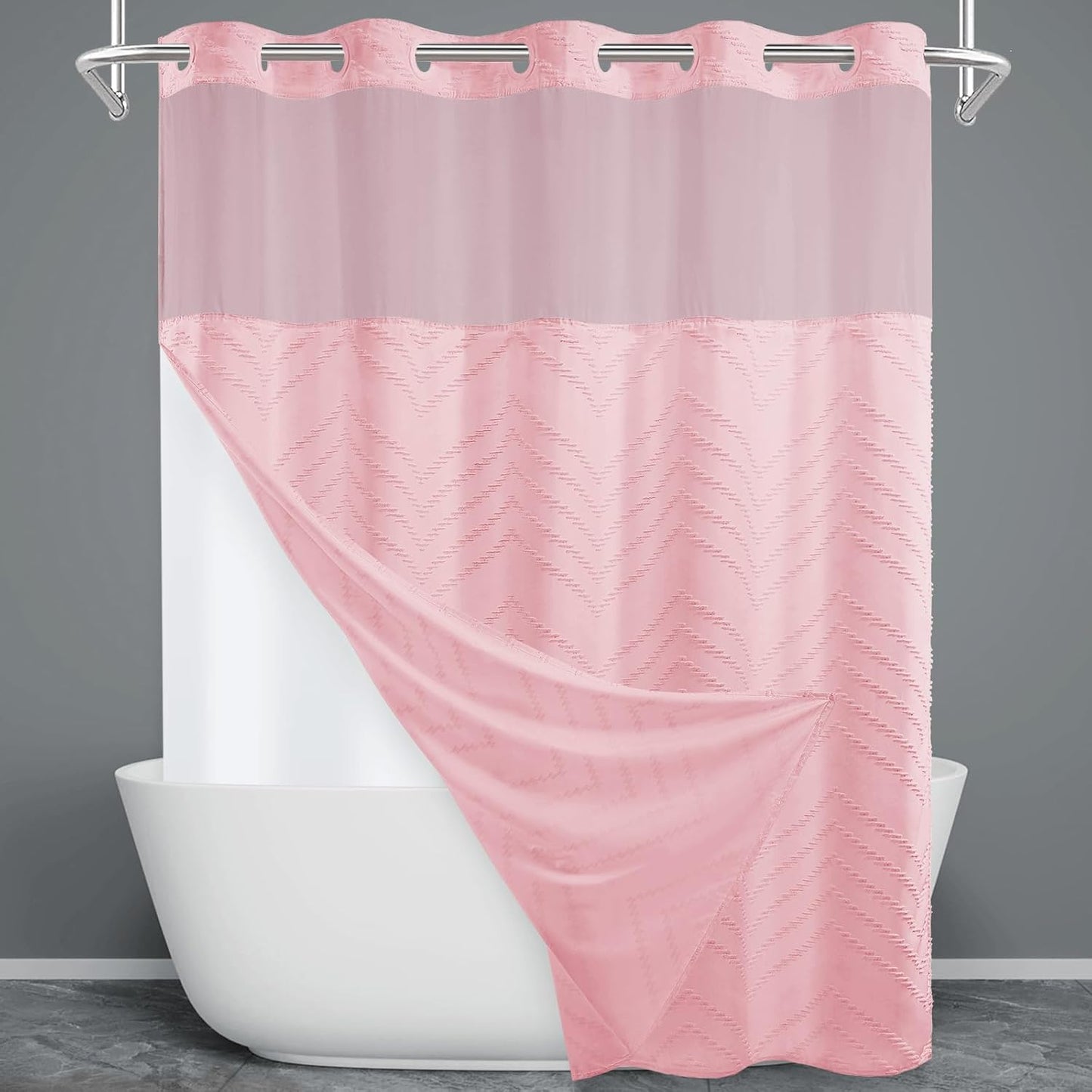 No Hook Shower Curtain with Snap in Liner, Tufted Chevron Striped Shower Curtain Set for Bathroom, Boho Waterproof and Washable Shower Curtains, 71Wx74H, Pink