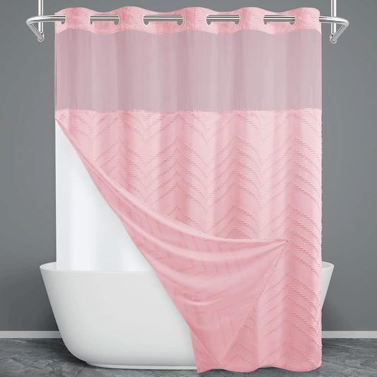 No Hook Shower Curtain with Snap in Liner, Tufted Chevron Striped Shower Curtain Set for Bathroom, Boho Waterproof and Washable Shower Curtains, 71Wx74H, Pink