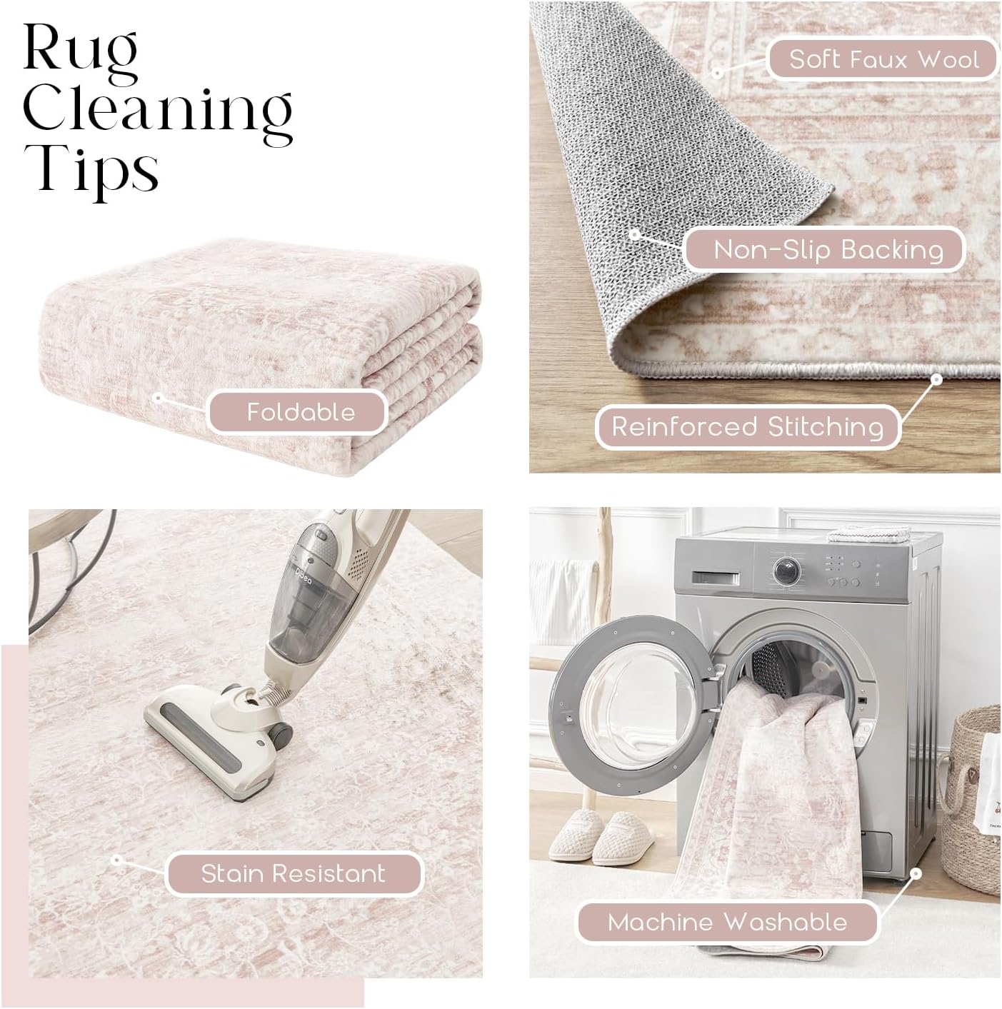 Light Pink Bedroom Rugs 6x9 Aesthetic Cute Boho Floral Feminine Soft Faux Wool Machine Washable Carpet Area Rugs for Kids Room Playroom Office