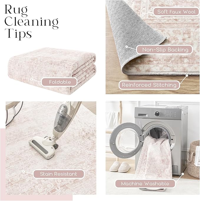 Nursery Rug for Baby Girl,Neutral Blush Pink Boho Cute Floral Foldable Machine Washable Soft Faux Wool Carpet Area Rugs for Living Room Bedroom Dorm Kids Playroom,5x7