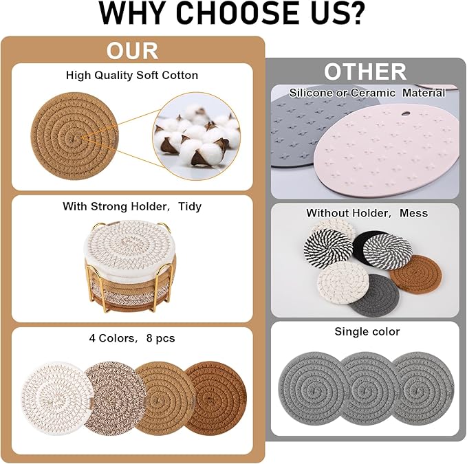 OIAHOMY 8 Pcs Coasters with Holder, Coasters for Drinks, Woven Cotton Absorbent Coaster Set for Kinds of Cups, Housewarming Gifts for Home Decor -Yellow