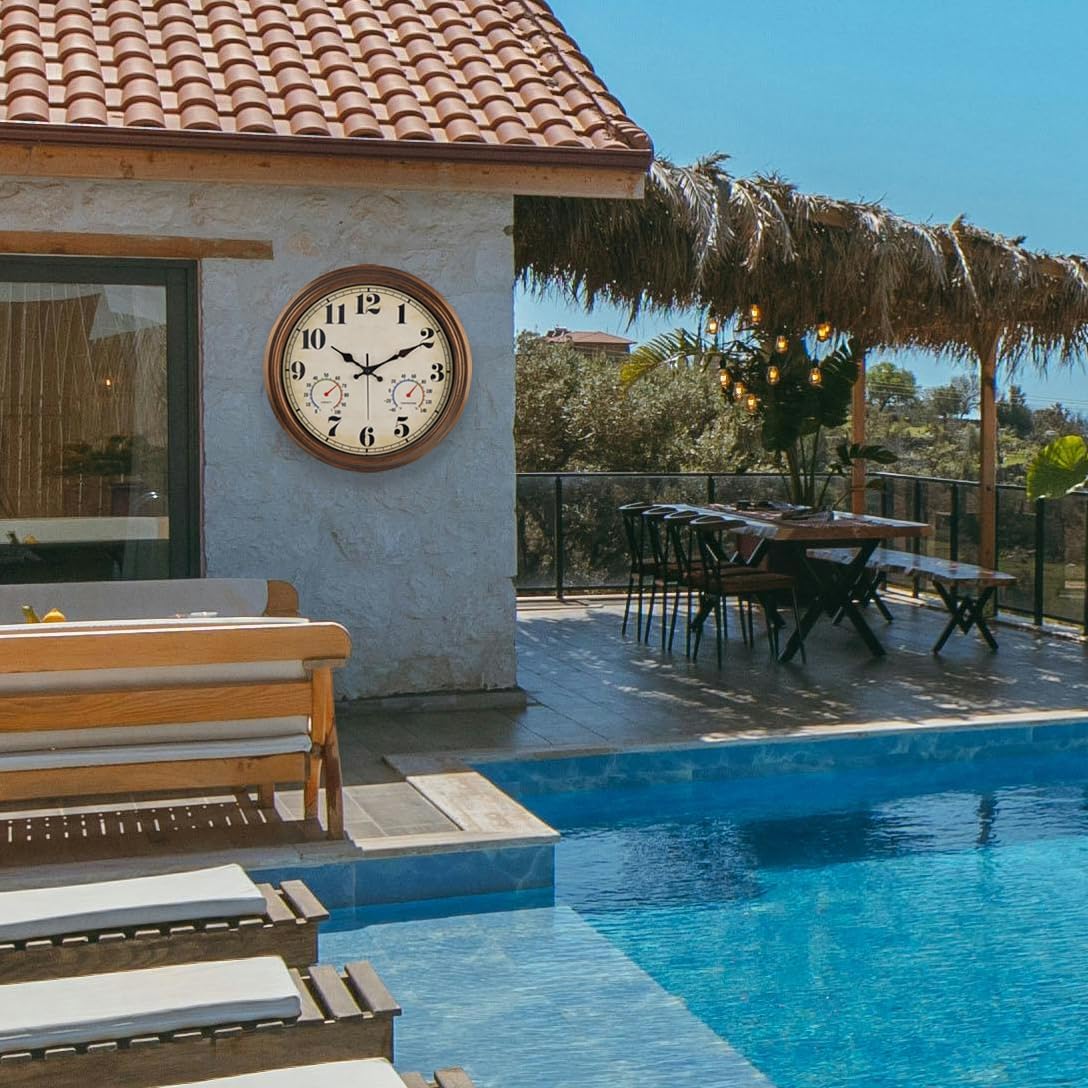 45MinST 16 Inch Bronze Vintage Large Indoor/Outdoor Waterproof Wall Clock with Thermometer & Hygrometer, Silent Non-Ticking Quartz Timepiece for Home, Porch, Garden,Pool
